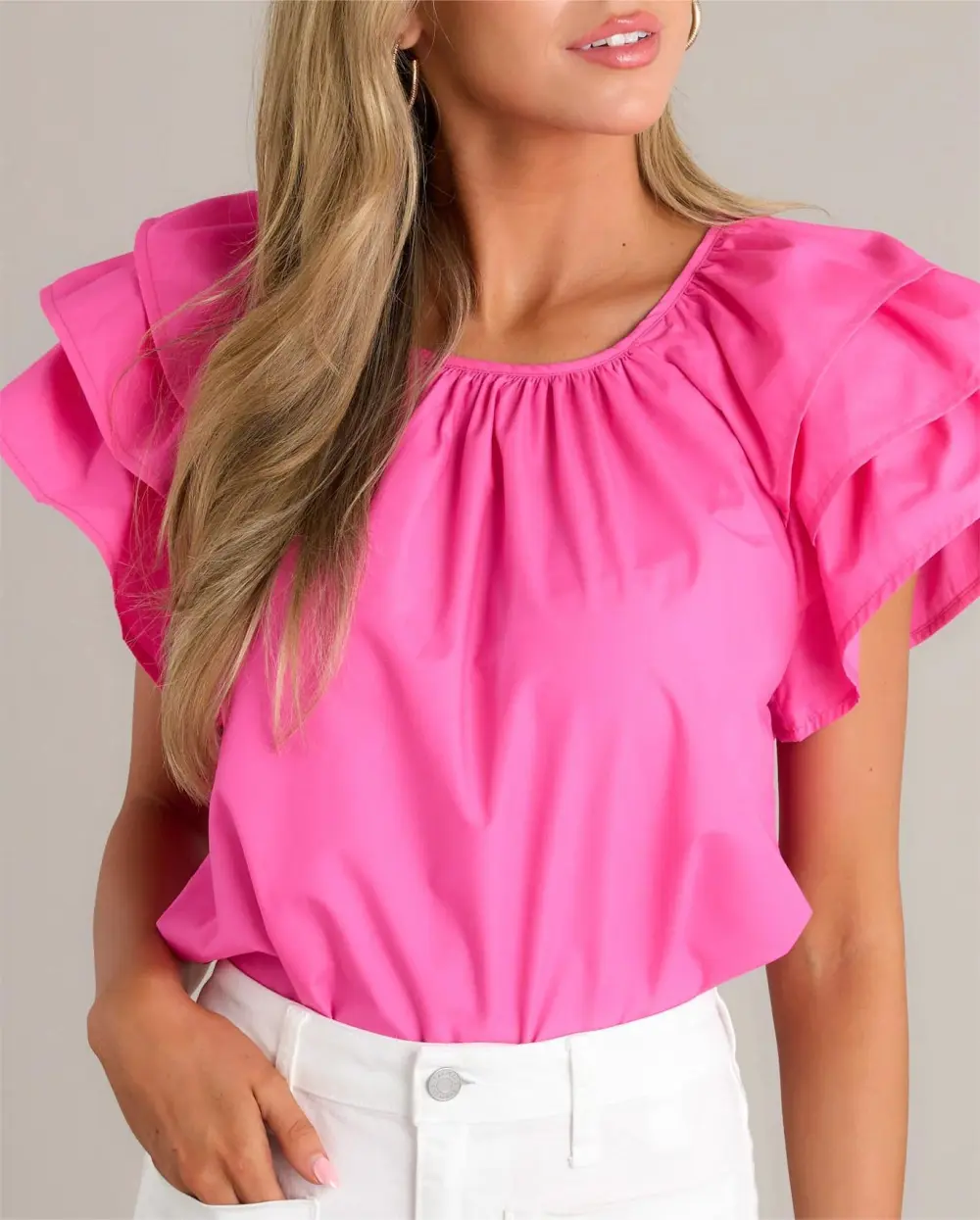 EVERYDAY RADIANCE HOT PINK RUFFLE SLEEVE TOP