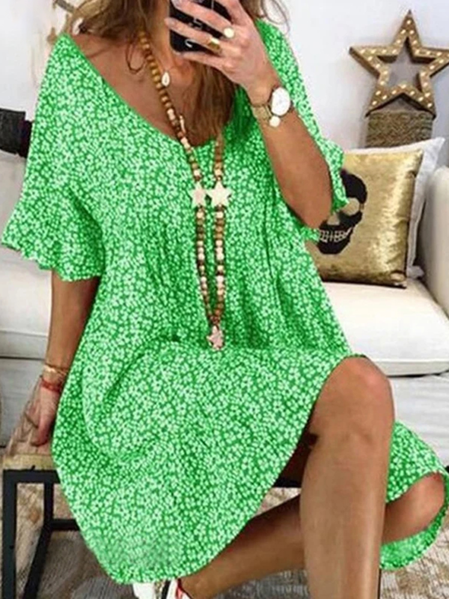 Summer Floral Print V-neck Flare Sleeve Dress