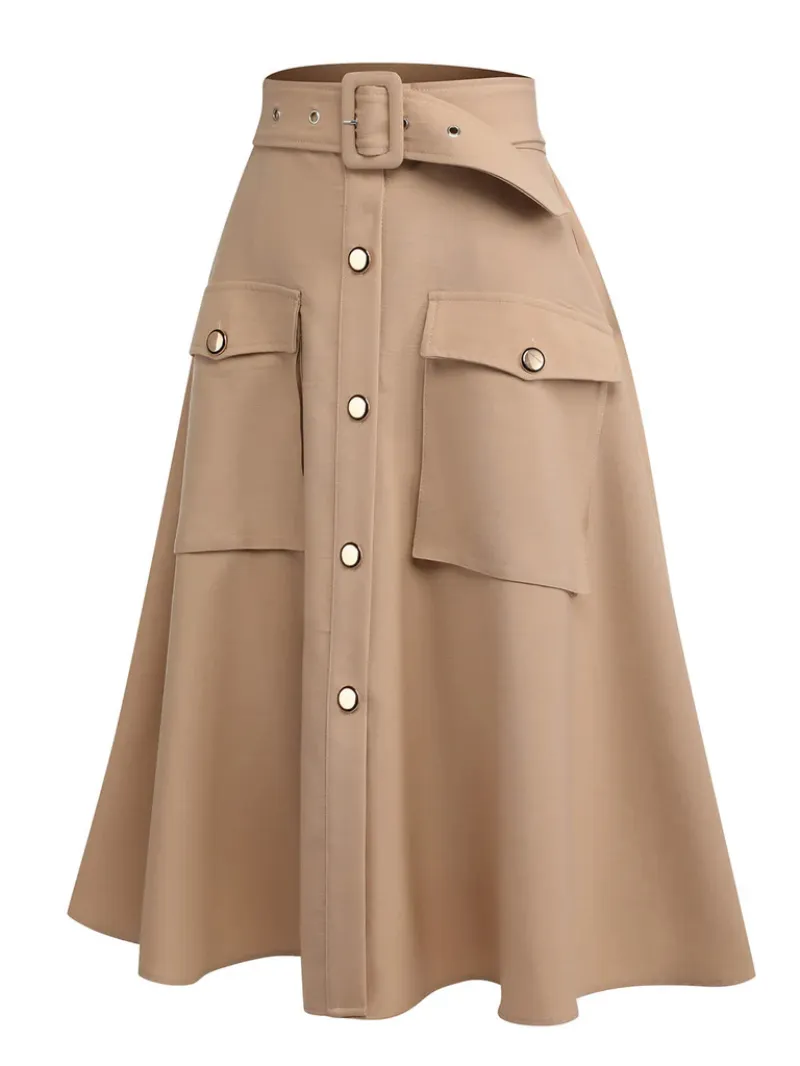 KHAKI 1950S BIG POCKETS BUTTON SKIRT