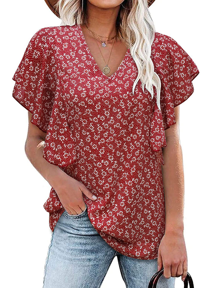 V Neck Floral Pleated Casual Short Sleeved Shirt