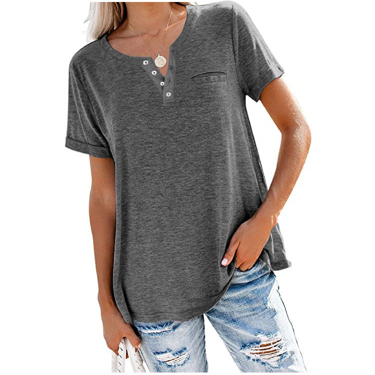 New V-Neck Short-Sleeved Pocket Loose T-Shirt