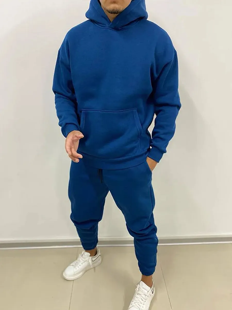 Men's athleisure dark blue hooded sweatshirt suit