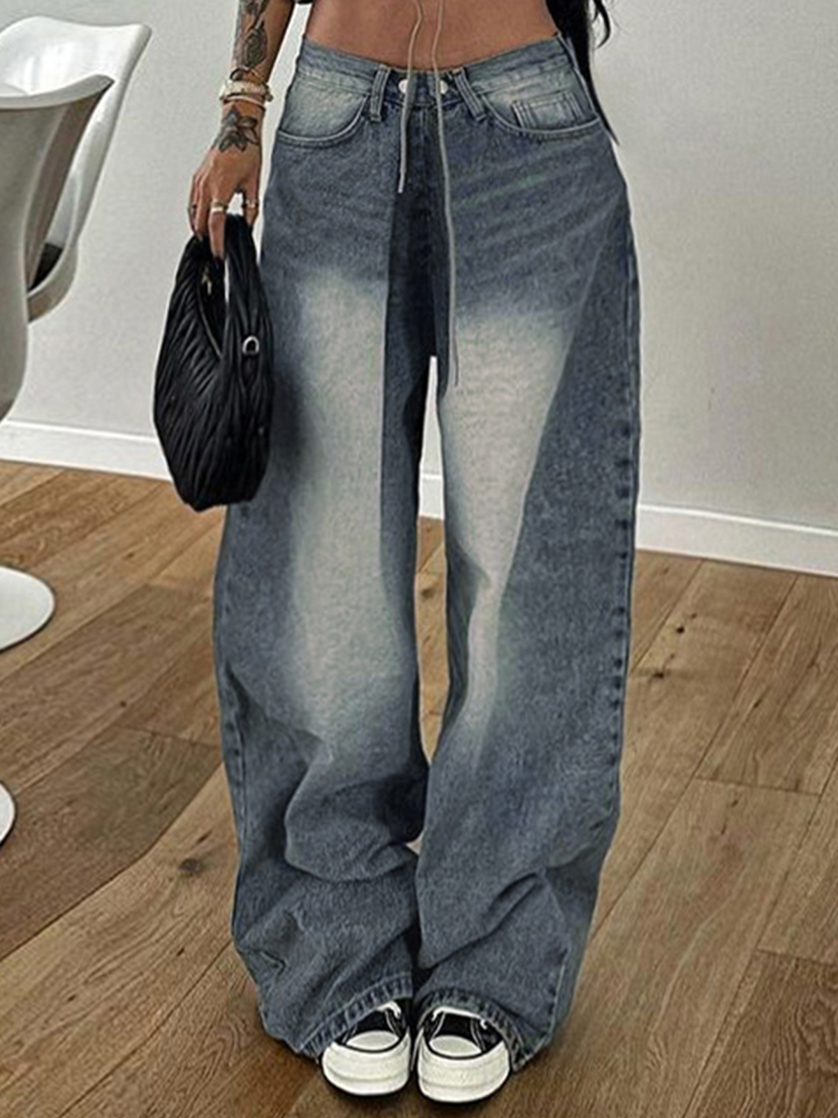 Denim Plain Wide Leg Pants Jeans