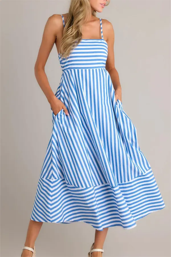 SERENE STUNNER 100% COTTON BLUE STRIPE MIDI DRESS