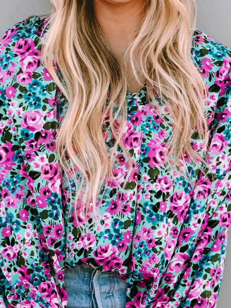 BOHO FLORAL PRINT V-NECK LONG SLEEVE BLOUSE