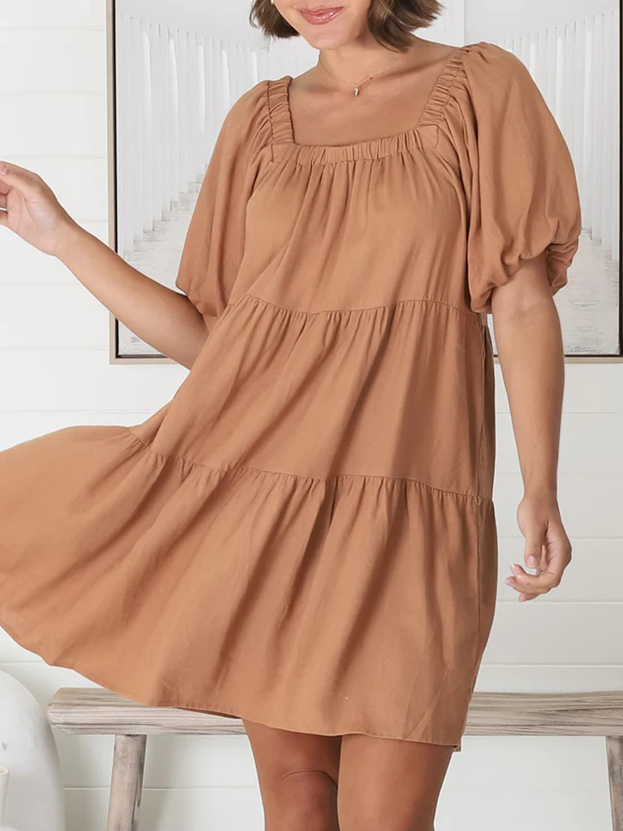 Square-neck puffy sleeves loose A-shape dress