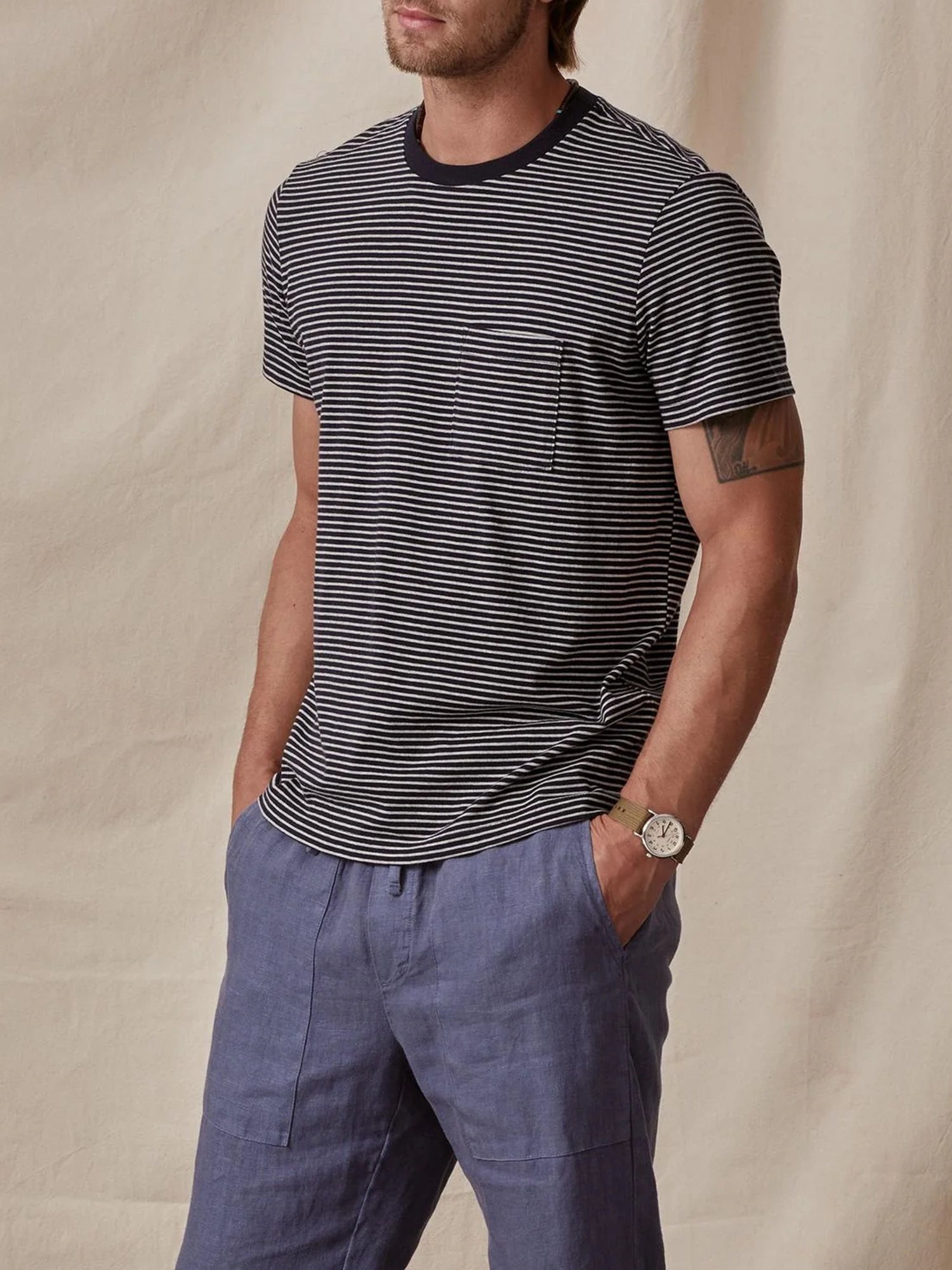 Men'S Fashionable Round Neck Cotton Striped T-Shirt