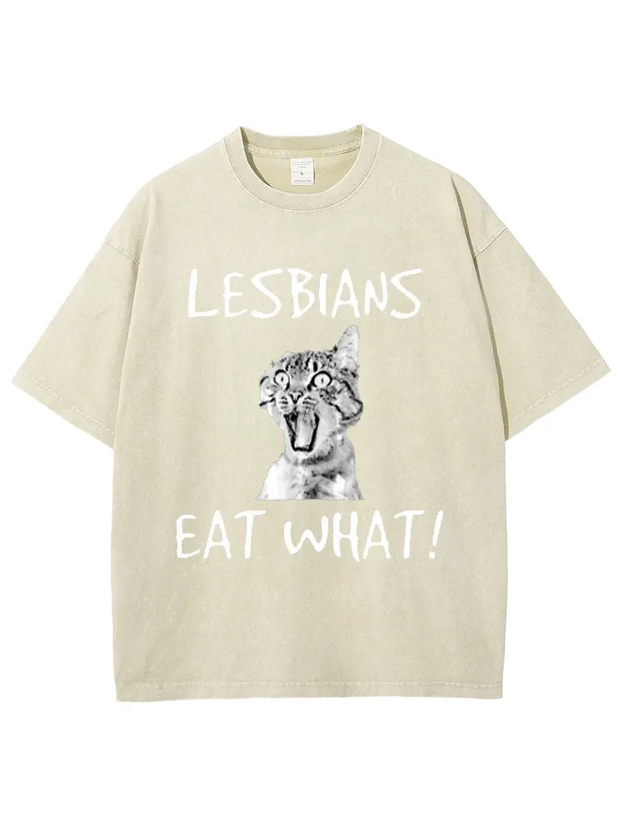 LESBIANS EAT WHAT? UNISEX OVERSIZED PRINT VINTAGE WASH DENIM T-SHIRT