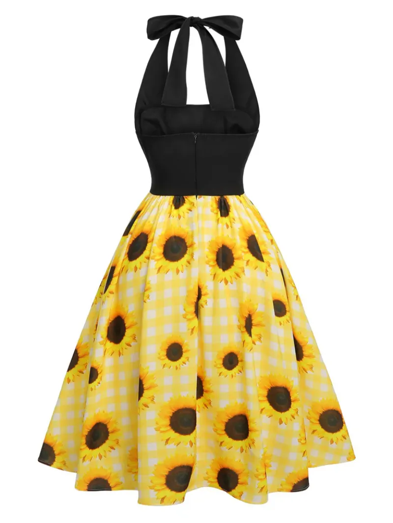 YELLOW 1950S SUNFLOWER PLAID HALTER DRESS