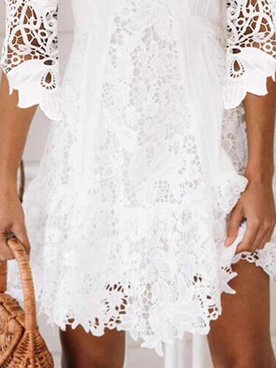 Women's Solid Color Off Shoulder Raised Flower Lace Dress