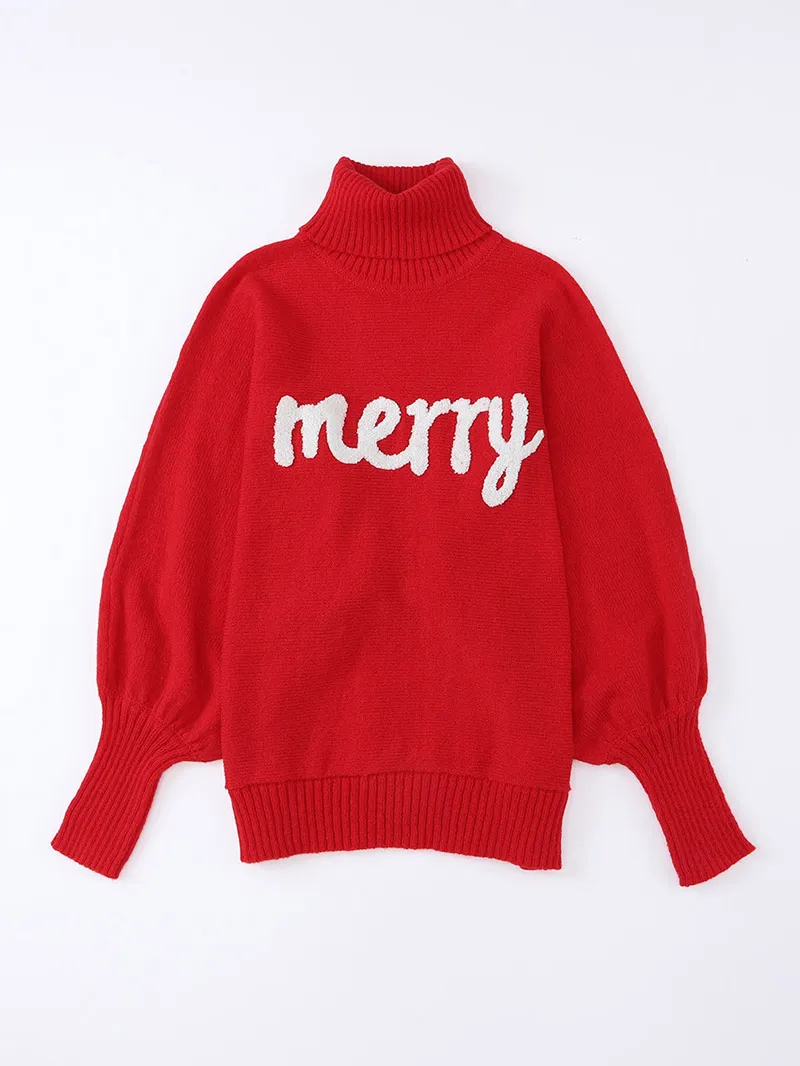 Fiery Red Merry Letter Embroidered High Neck Sweater