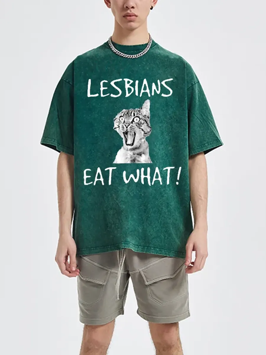 LESBIANS EAT WHAT? UNISEX OVERSIZED PRINT VINTAGE WASH DENIM T-SHIRT