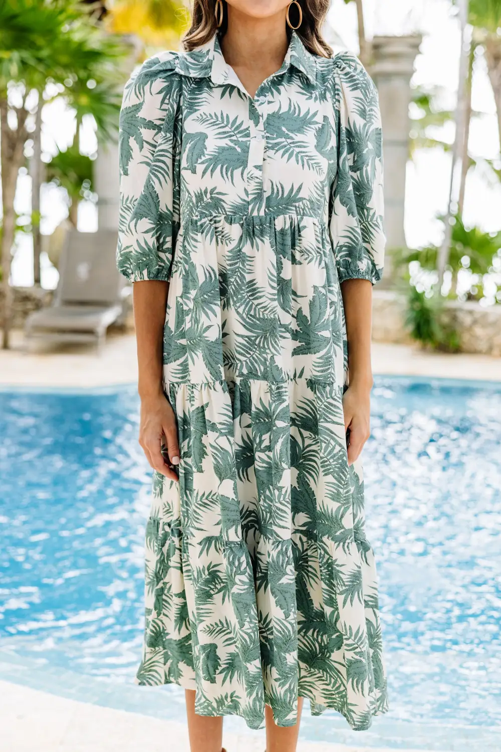 Paradise Found Green Palm Print Midi Dress