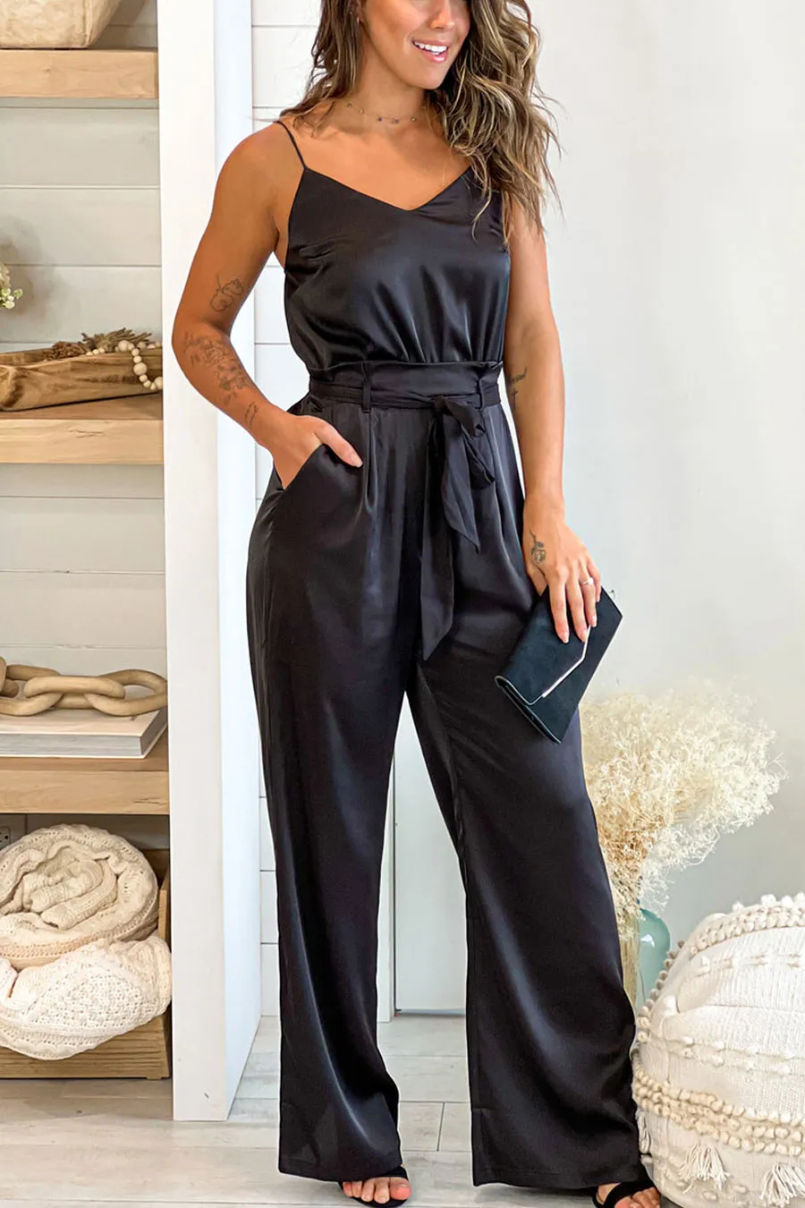 Black Draped Neckline Jumpsuit With Pockets