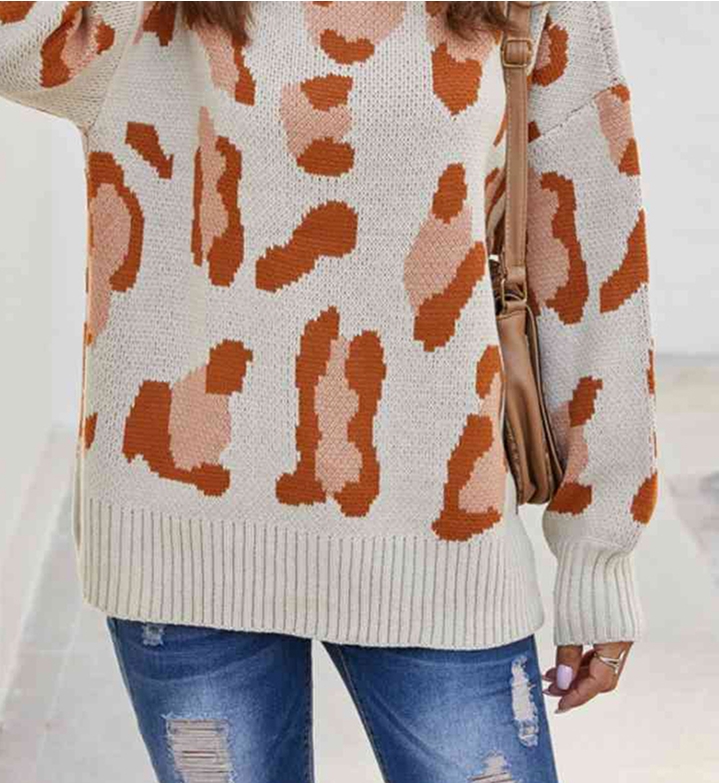 Leopard Mock Neck Dropped Shoulder Sweater