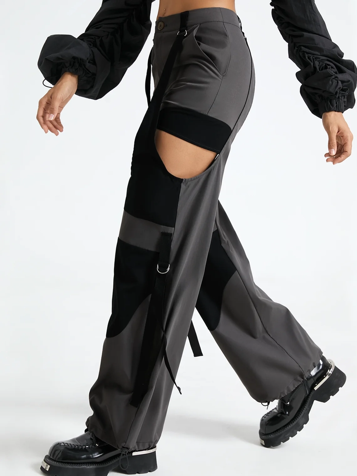 【Final Sale】Polyester Cotton Color Block Cut Out Cargo Pants