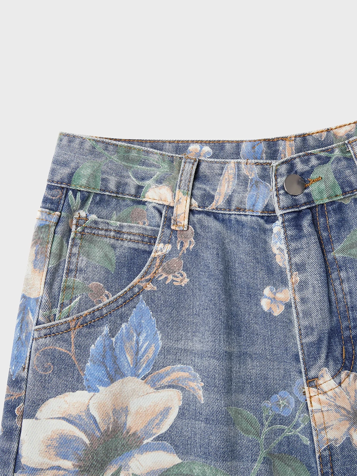 Denim Floral Straight Pants Jeans