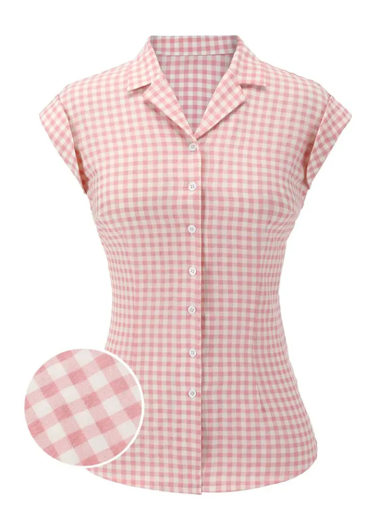 PINK 1950S GINGHAM PLAID LAPEL SHIRT