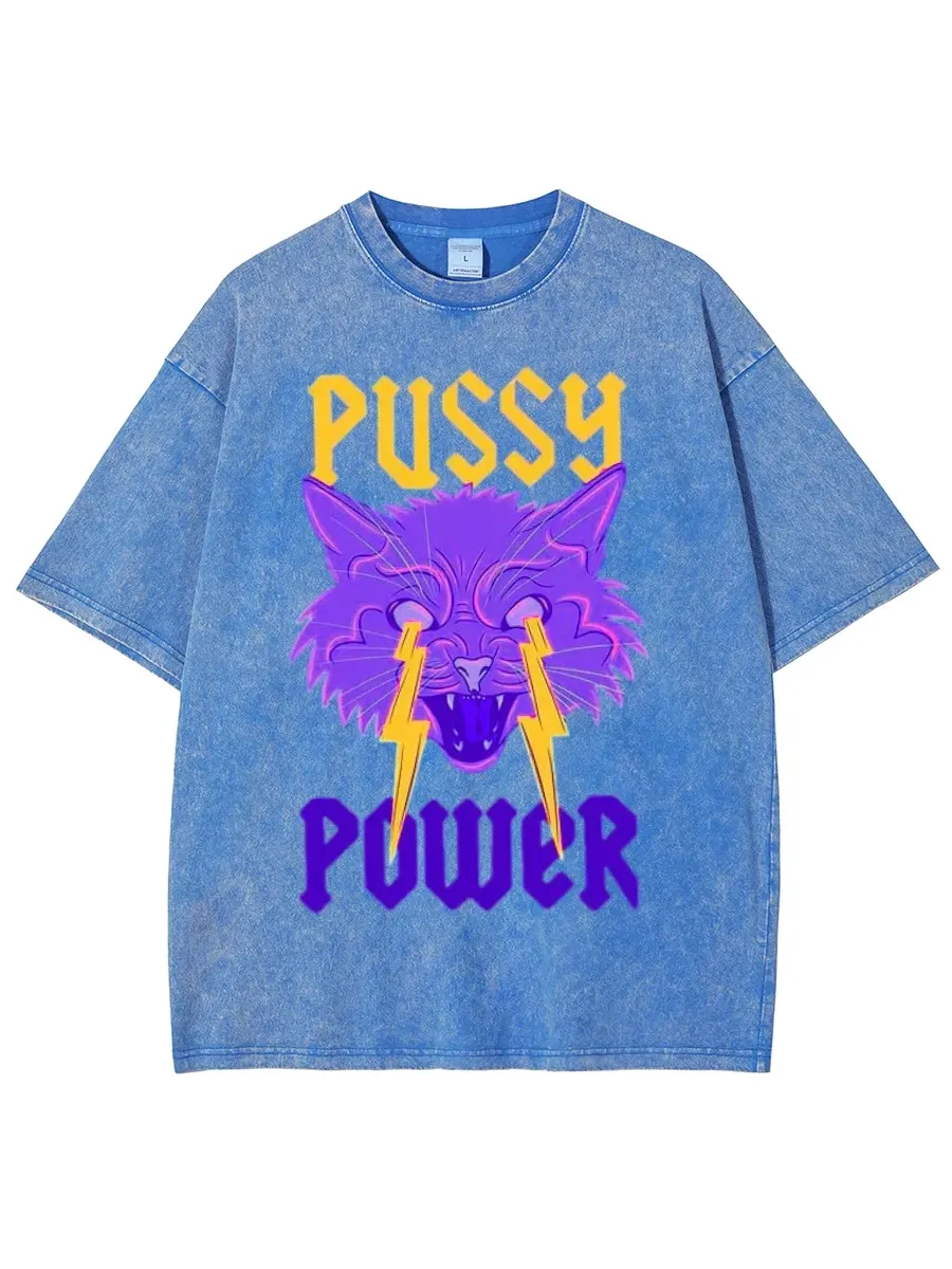 PUSSY POWER UNISEX OVERSIZED PRINT VINTAGE WASH DENIM T-SHIRT