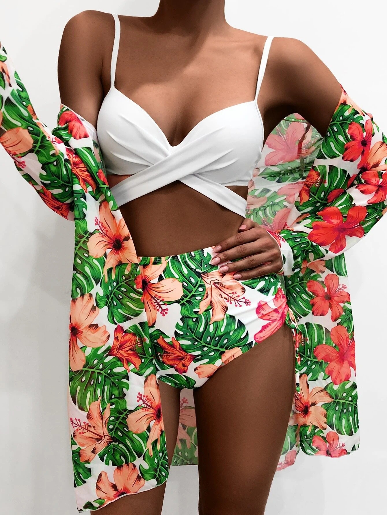 Printed High-waisted Bikini Chiffon Three-piece Swimsuit