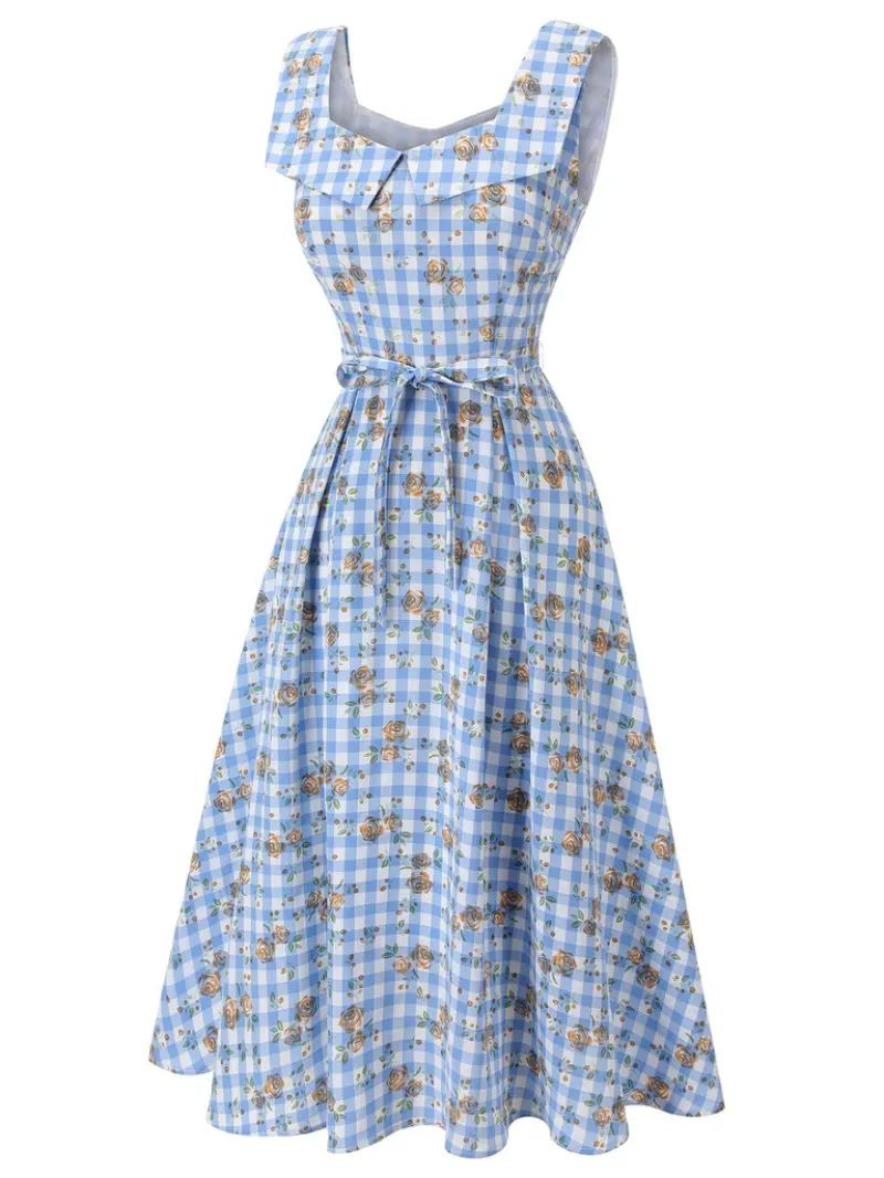 BLUE 1940S ROSE PLAID LACE UP DRESS