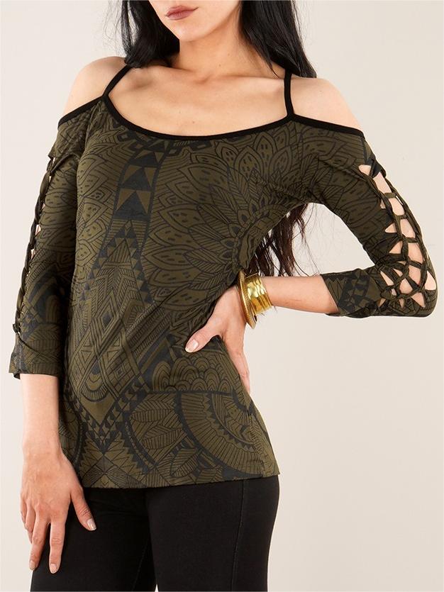 Cut Out Braided Back And 3/4 Sleeve Printed Top