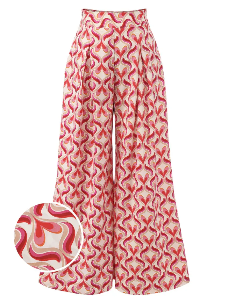 RED 1960S HEART OP ART WIDE-LEG PANTS