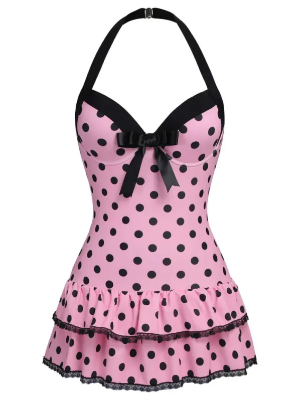 PINK 1940S HALTER POLKA DOTS BOW ONE-PIECE SWIMSUIT