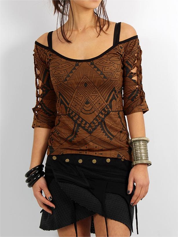 Cut Out Braided Back And 3/4 Sleeve Printed Top