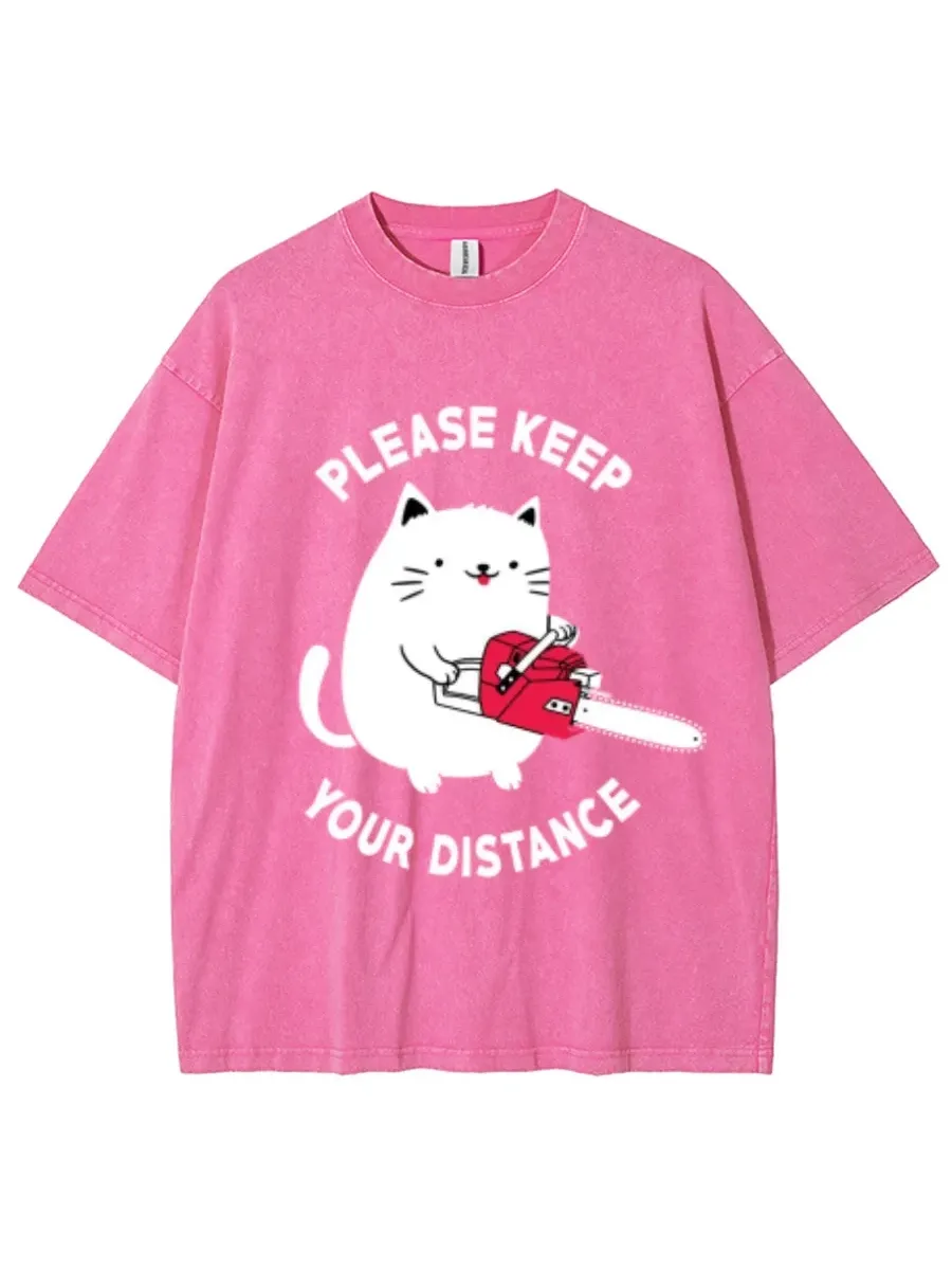 PLEASE KEEP YOUR DISTANCE UNISEX PRINTED RETRO WASHED SHORT SLEEVED T-SHIRT