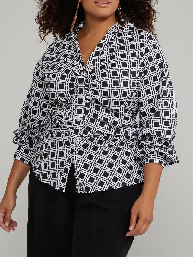 Button-Front Printed Ruched Shirt