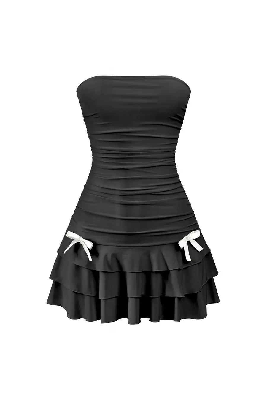 Coquette Strapless Ruched Ruffle Mini Dress With Bow Detail