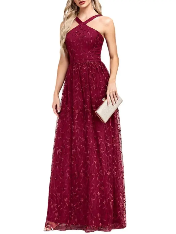 WINE RED 1920S EMBROIDERED MESH MAXI DRESS