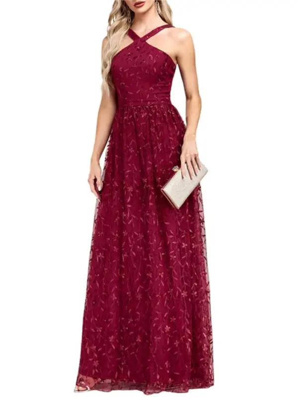 WINE RED 1920S EMBROIDERED MESH MAXI DRESS