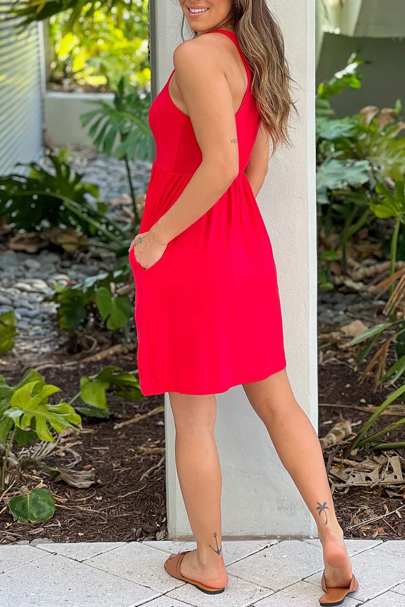 Red Racerback Short Dress With Pockets