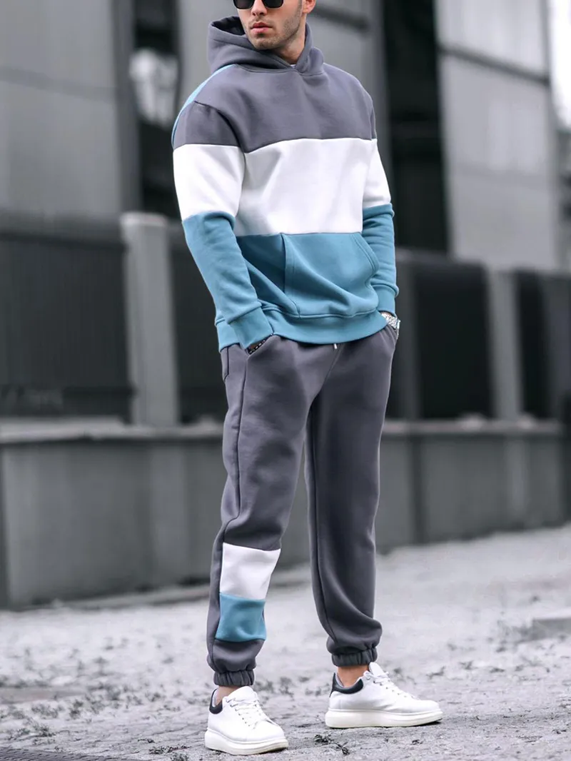 Men's Casual Patchwork Contrasting Sweatshirt Jogging Sportswear Suit