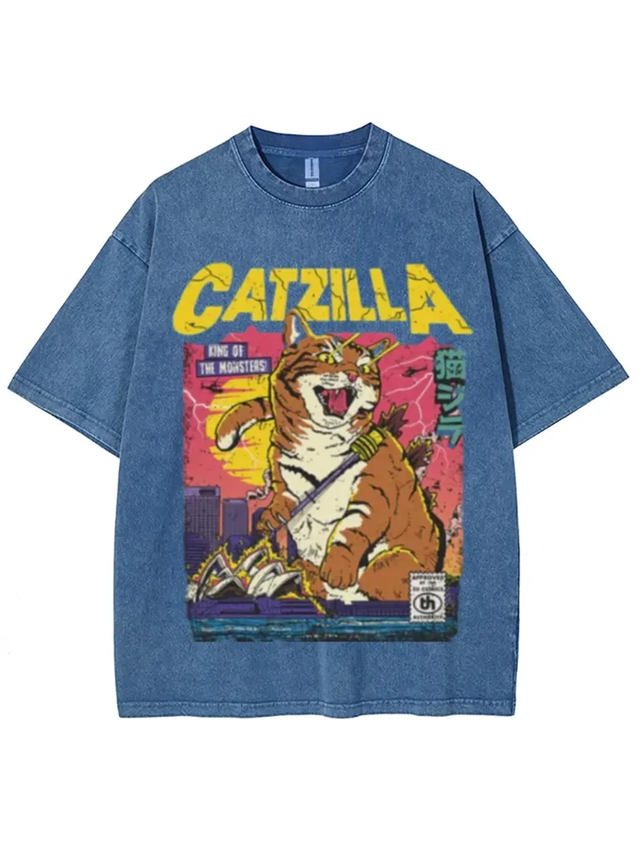 CATZILLA RETRO TITAN UNISEX VINTAGE SOLID WASH DENIM T-SHIRTS