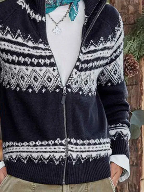 Retro printed zipper knitted cardigan