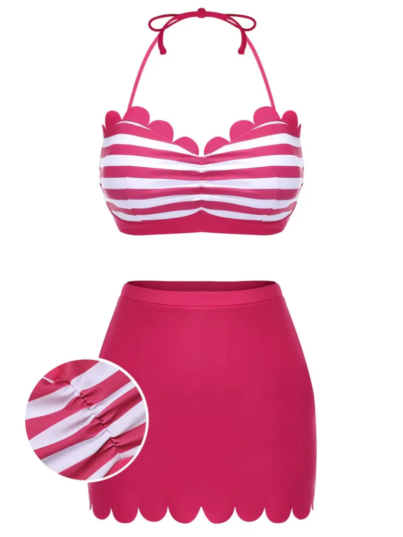 ROSE PINK 1960S STRIPES HALTER BIKINI SET