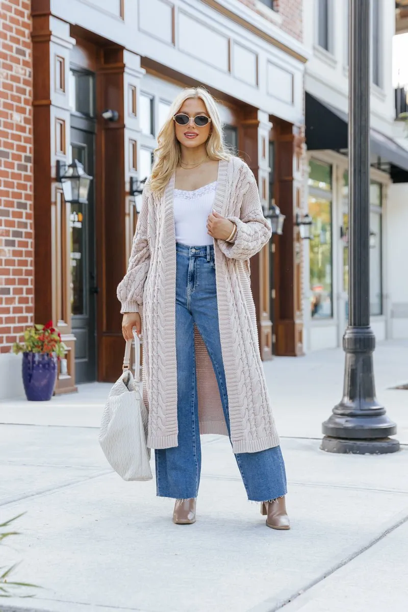 Chunky Cable Knit Duster Cardigan - Light Beige