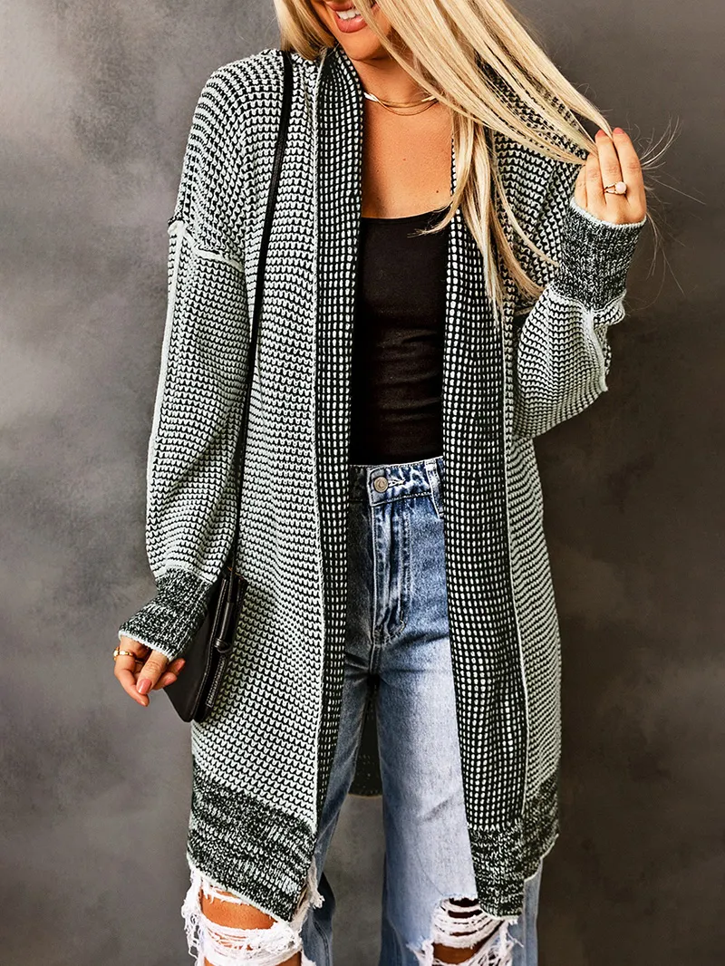 Gray Plaid Knitted Long Open Front Cardigan