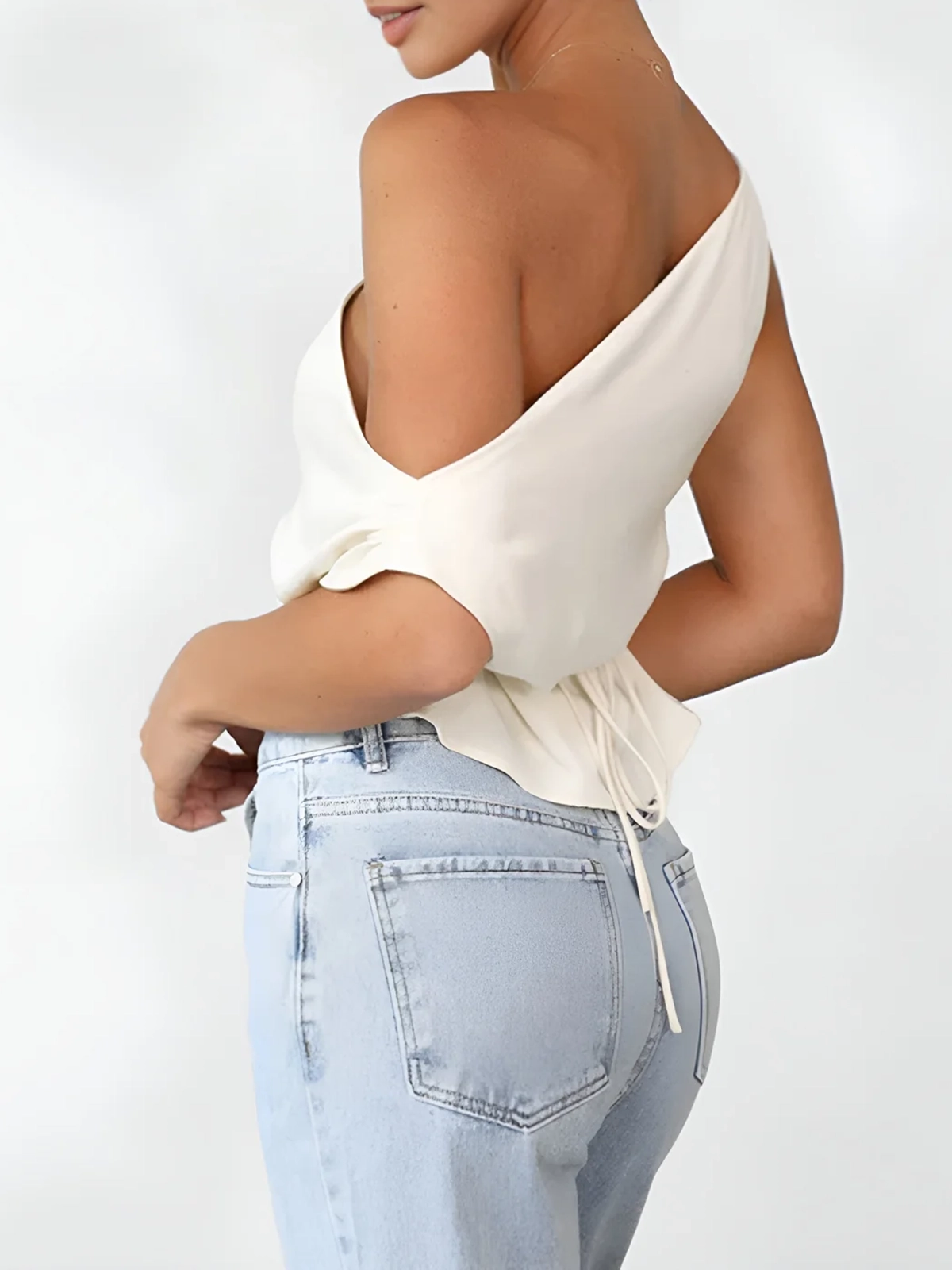 One Shoulder Off Knotted Blouse