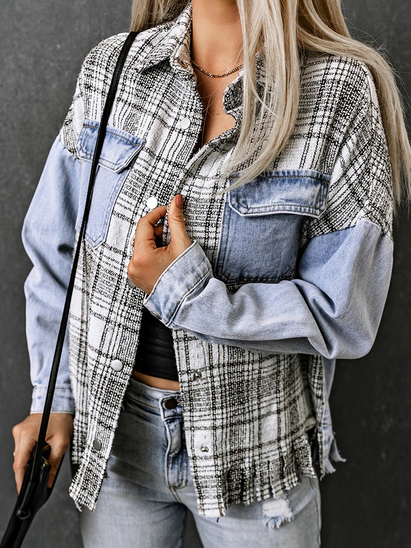 Casual plaid fringed denim jacket