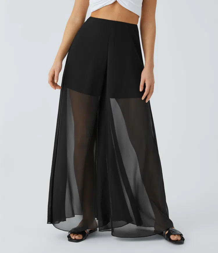 High Waisted Invisible Zipper 2-in-1 Mesh Wide Leg Flowy Casual Pants