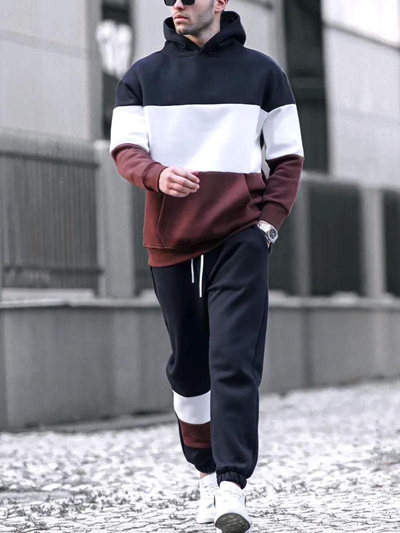 Men's Casual Patchwork Contrasting Sweatshirt Jogging Sportswear Suit