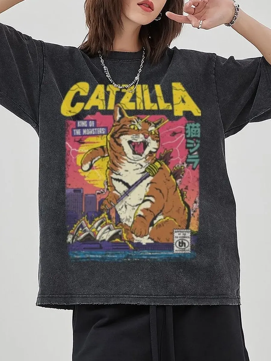 CATZILLA RETRO TITAN UNISEX VINTAGE SOLID WASH DENIM T-SHIRTS