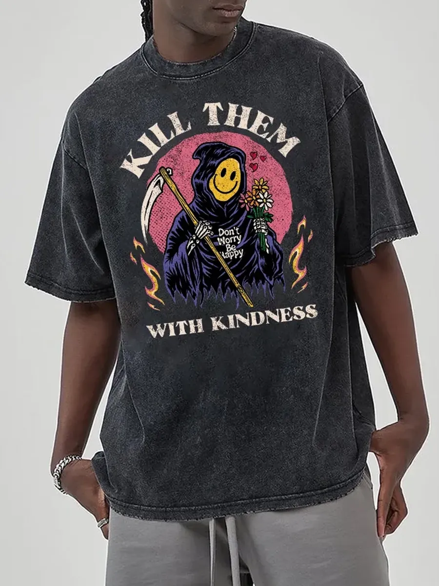 KILL THEM WITH KINDNESS UNISEX OVERSIZED PRINT VINTAGE WASH DENIM T-SHIRT