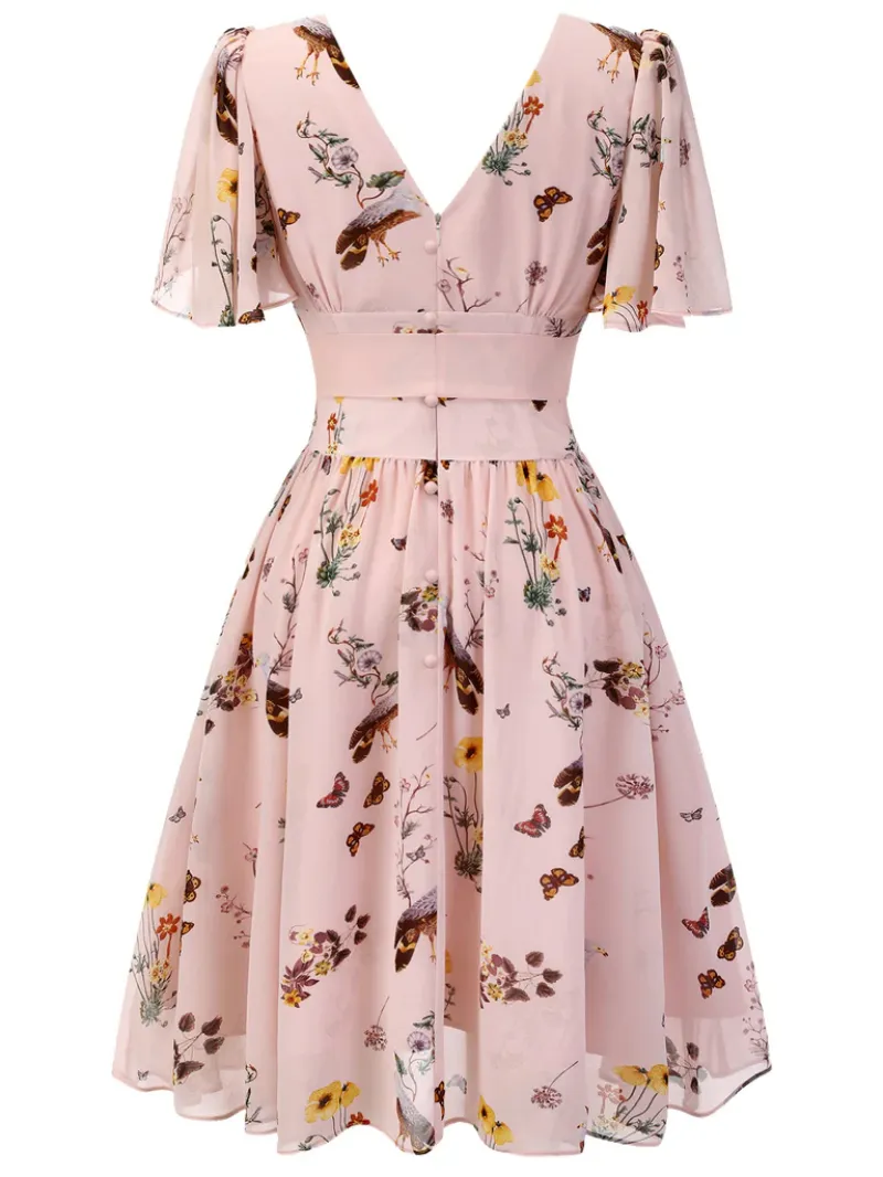 PINK FLOWERS AND BIRDS BOWKNOT V-NECK DRESS