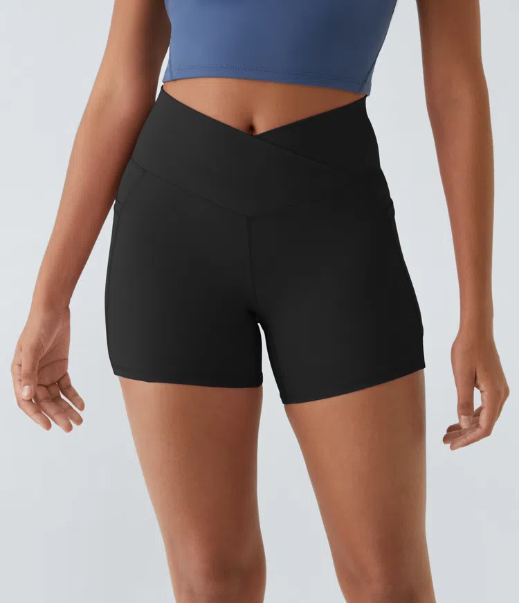 High Waisted Crossover Side Pocket Back Flare Quick Dry Yoga Shorts