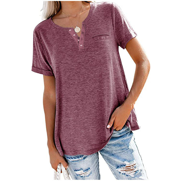 New V-Neck Short-Sleeved Pocket Loose T-Shirt